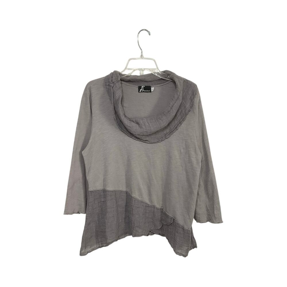 VTG Y2K Fenini Top Large Asymmetrical Gray Cowl Neck 3/4 Sleeves Lagenlook